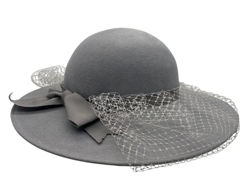 Vintage Mr K Originals Wool Wide Brim Hat S Netted Veil Bow Gray Bollman 21.25"